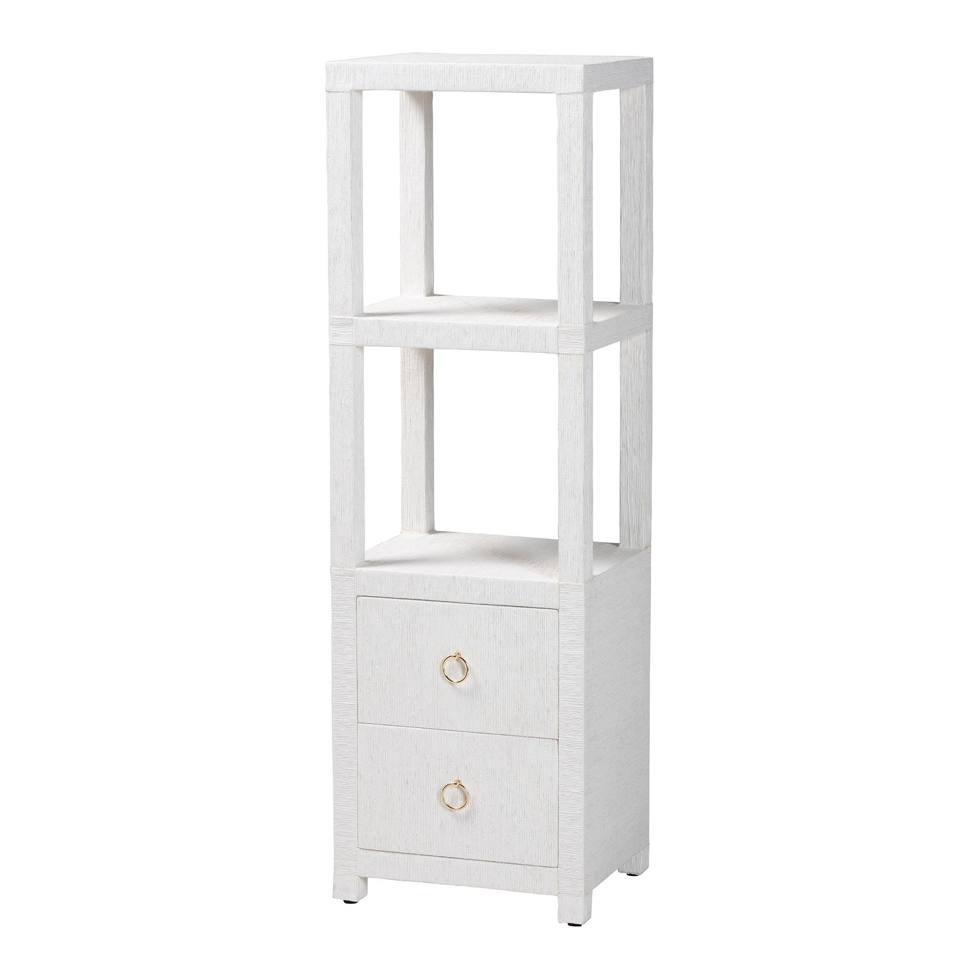 bali & pari Xavier Grasscloth Tall Storage Cabinet - Woven Accent Displaying Tower Bookcase with Open Shelves and Drawers, Space-Saving Organizer for Living Room, Bedroom, or Entryway